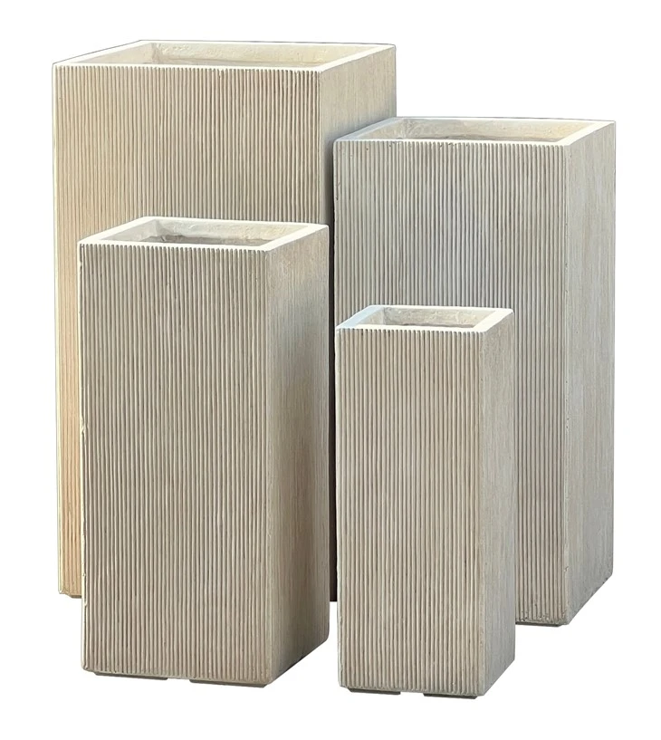 Premium Fiberglass Planters – Tall Square Collection with Line Texture in Elegant Beige