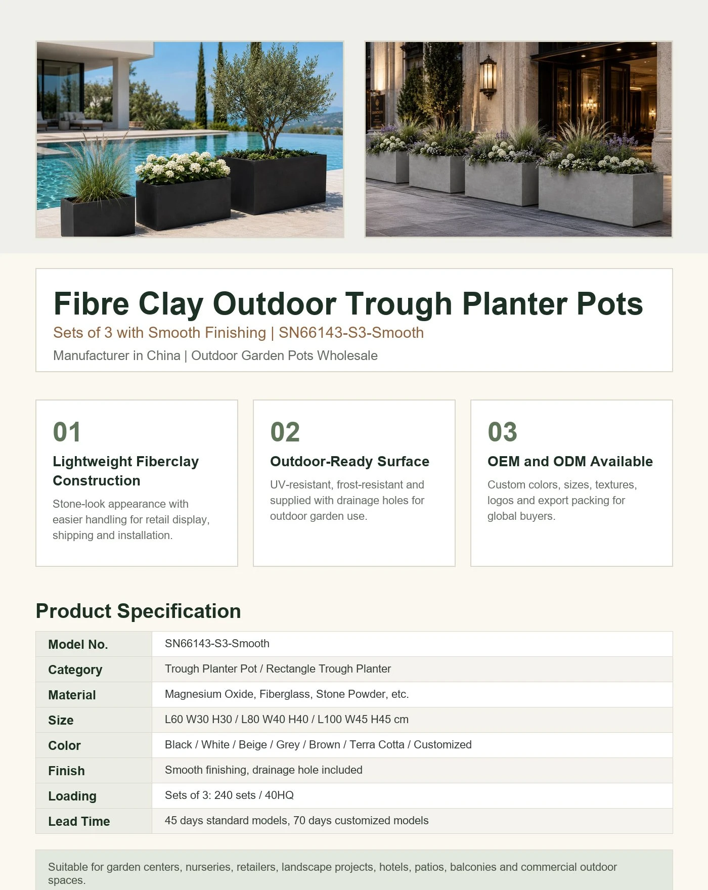 product-1-1 Black fibre clay outdoor trough planter pots sets of 3